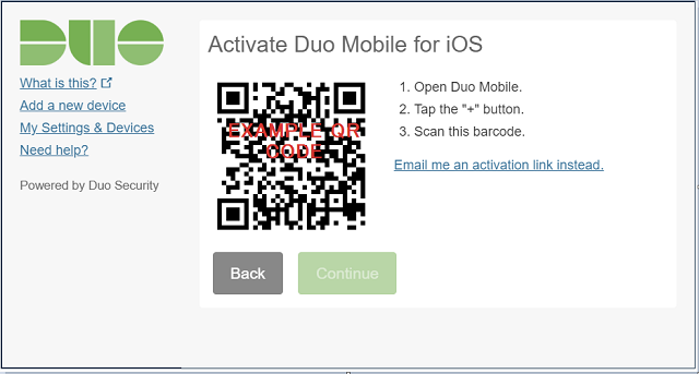 Screenshot of the "Active Duo Mobile" prompt with a sample QR code displayed.