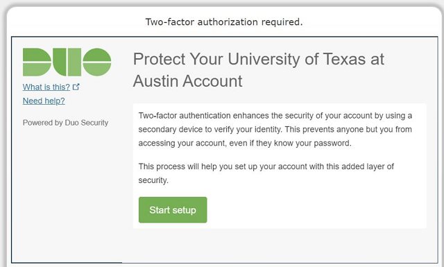 Screenshot of the "Protect Your University of Texas at Austin Account" prompt.