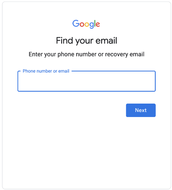 "Find your email" window screenshot, that shows you can enter a phone number or recovery email address.