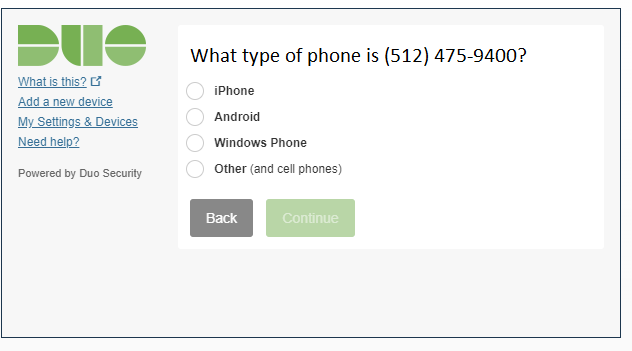 Screenshot of the "What type of phone is...?" prompt.
