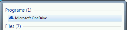 Screenshot of searching for the OneDrive desktop app in Windows 7