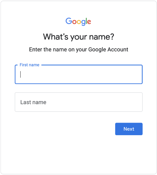 "What's your name?" window screenshot, that shows you must enter the First name and Last name on your Google Account.